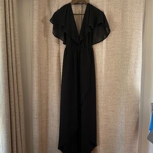 Women’s Black High Low Ruffle Shoulder Maxi Prom Wedding Guest Dress Size Small